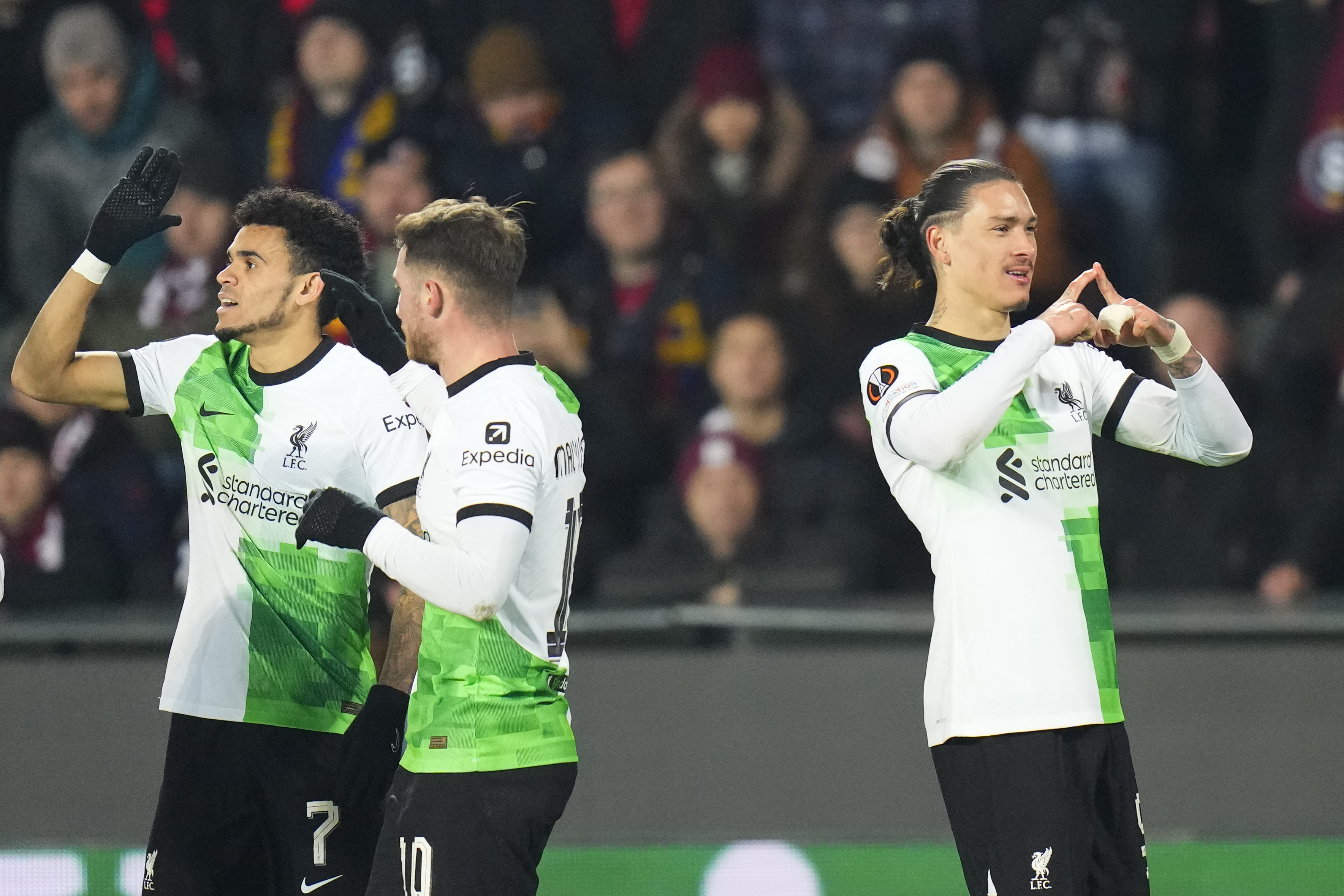 Darwin Nunez, right, celebrates after scoring Liverpool’s second goal against Sparta Prague