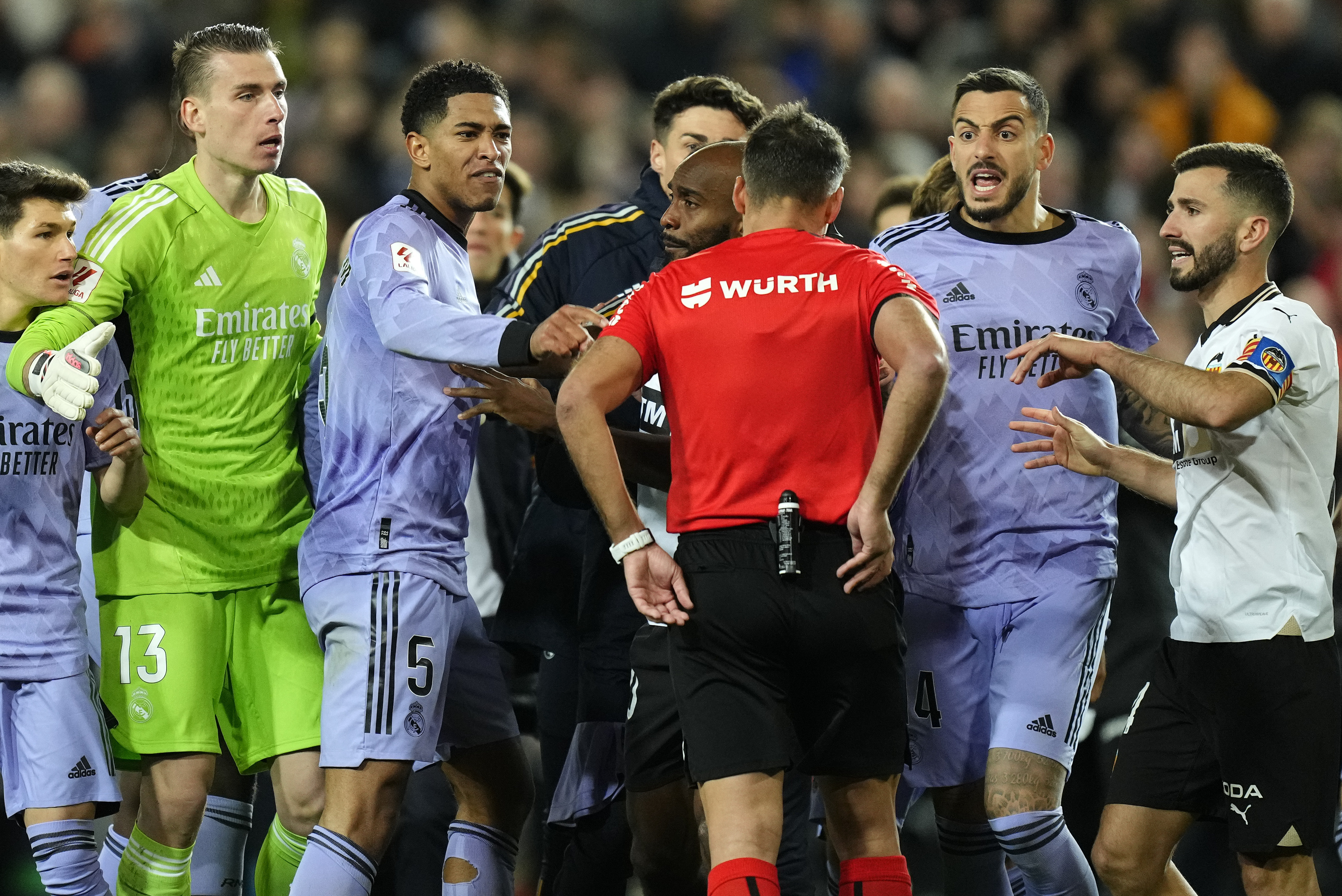 Real Madrid’s Jude Bellingham (third left) remonstrates after his goal was disallowed