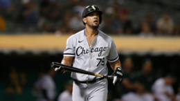 Jose Abreu of the Chicago White Sox looks on while at bat against the Oakland Athletics