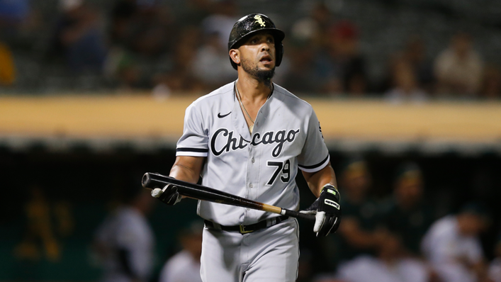 Jose Abreu of the Chicago White Sox looks on while at bat against the Oakland Athletics