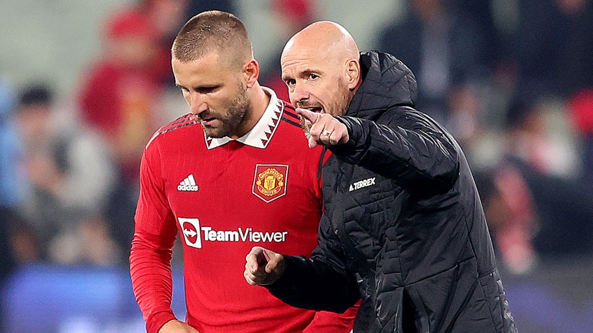 Luke Shaw and Erik ten Hag during pre-season