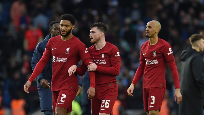 A disappointed Andrew Robertson (centre) lamented Liverpool's performance at Brighton and Hove Albion on Sunday