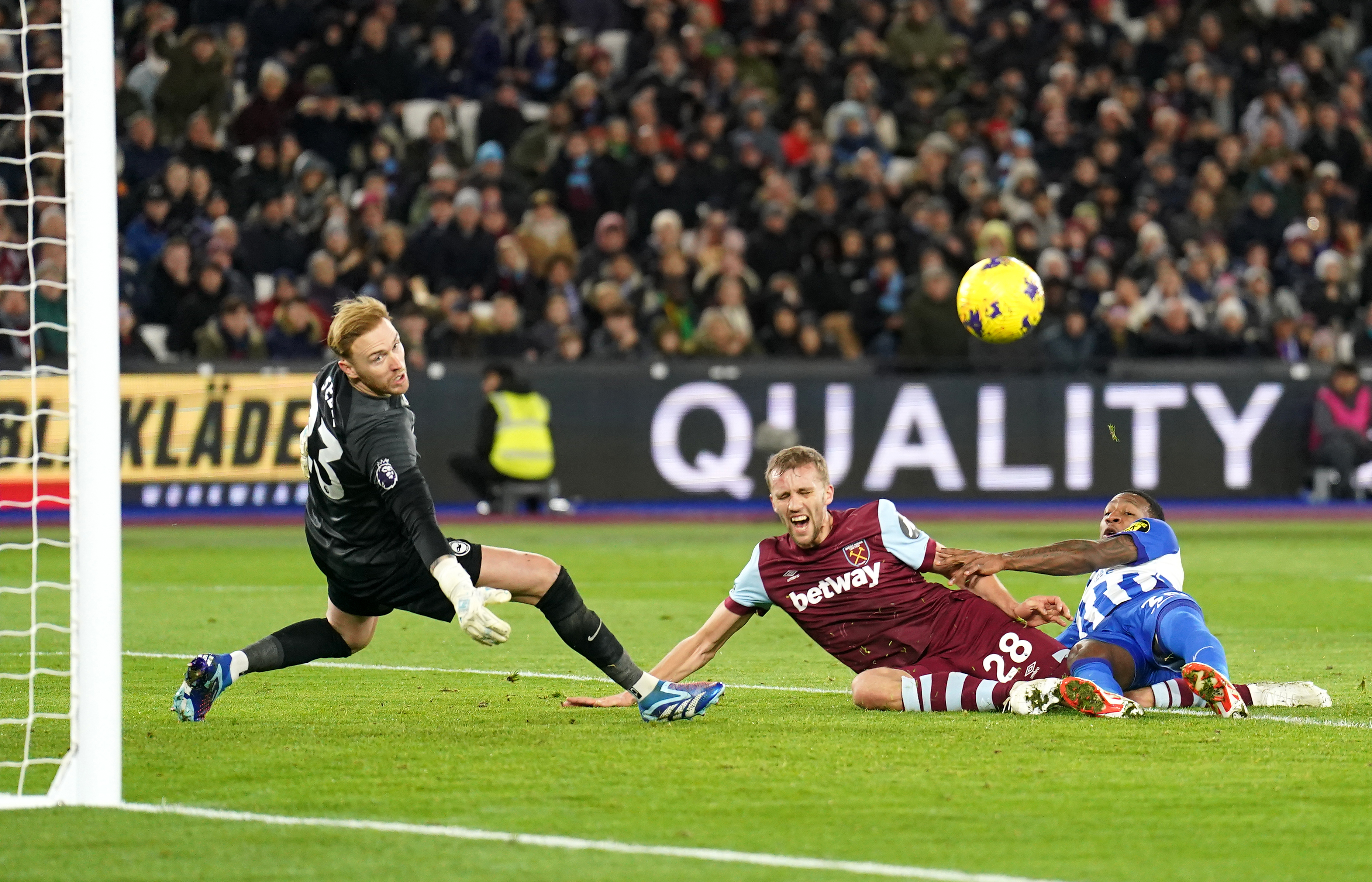 Tomas Soucek, centre, shoots wide for West Ham against Brighton