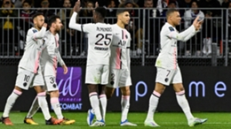 Kylian Mbappe (R) celebrates during PSG's win at Clermont