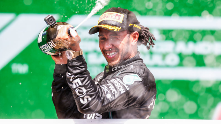 Lewis Hamilton celebrates winning the Sao Paulo Grand Prix