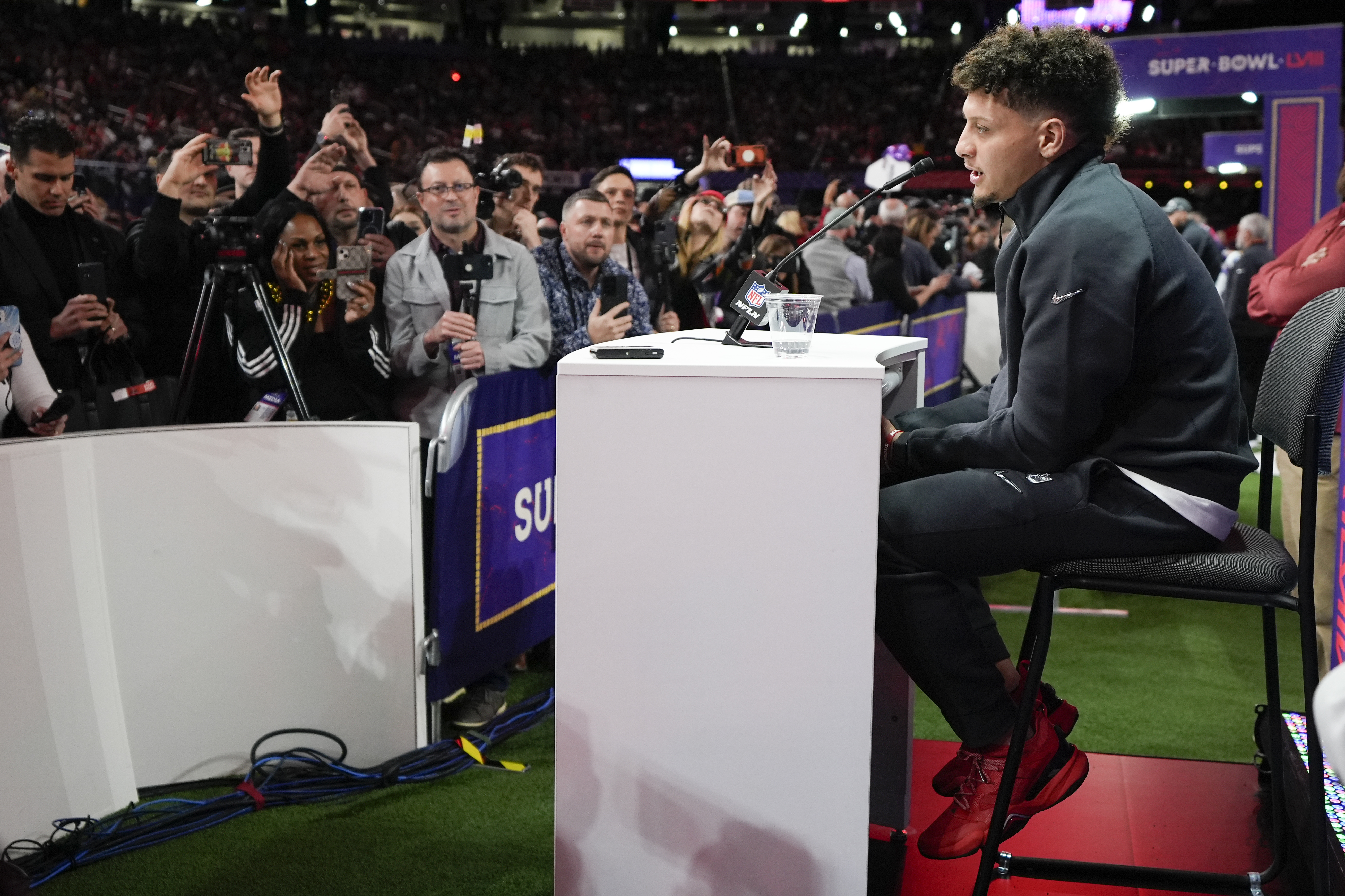 Patrick Mahomes speaks to the media during the Super Bowl's 'opening night'