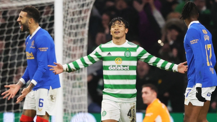 Reo Hatate celebrates scoring Celtic's second against Rangers