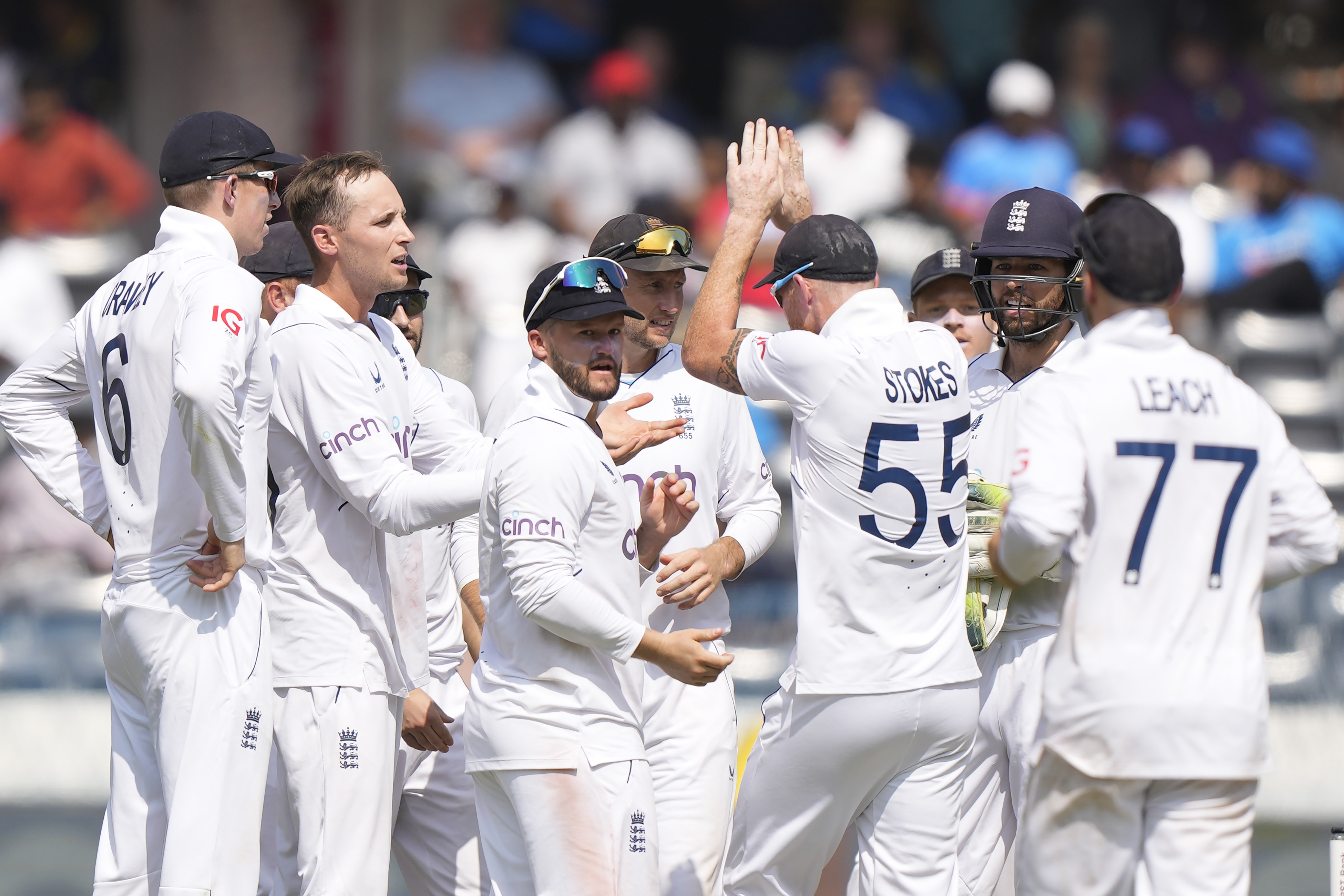 England’s players celebrate the wicket of India’s captain Rohit Sharma (Manesh Kumar A/AP)