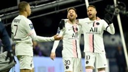 Lionel Messi, Kylian Mbappe, and Neymar celebrate during Paris Saint-Germain's 6-1 win over Clermont