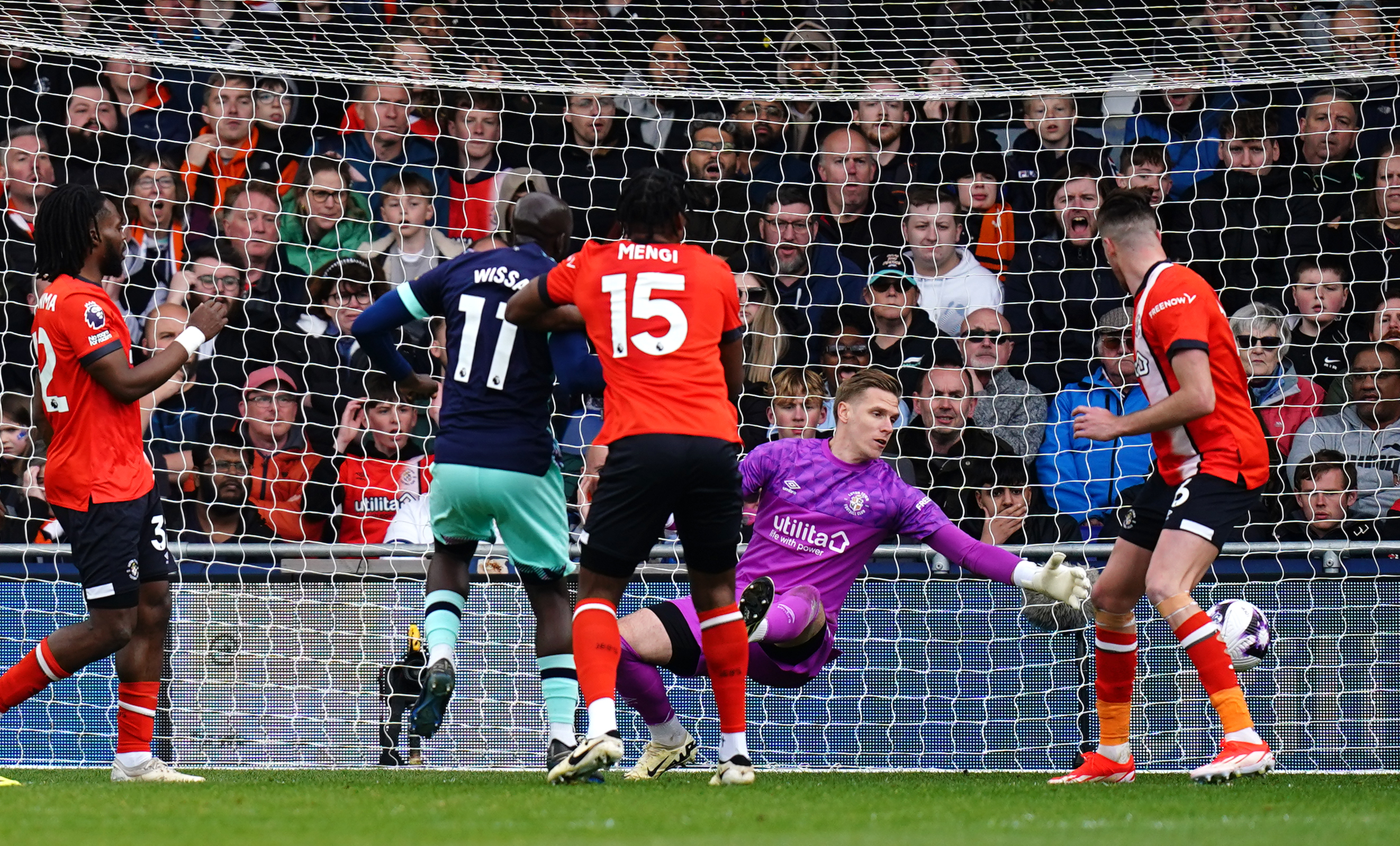 Yoane Wissa, centre left, scores his and Brentford's second goal against Luton