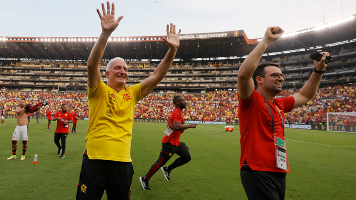 Dorival Junior head coach of Flamengo (L) celebrates after winning the final of Copa Libertadores