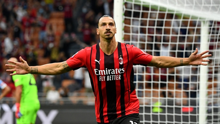 Milan's Zlatan Ibrahimovic celebrates his goal against Lazio