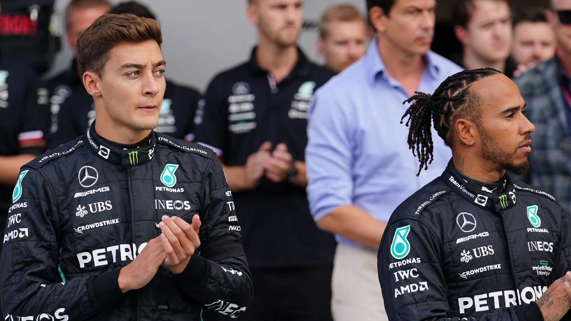 Mercedes’ Lewis Hamilton (right) and George Russell collided in qualifying in Barcelona (PA)