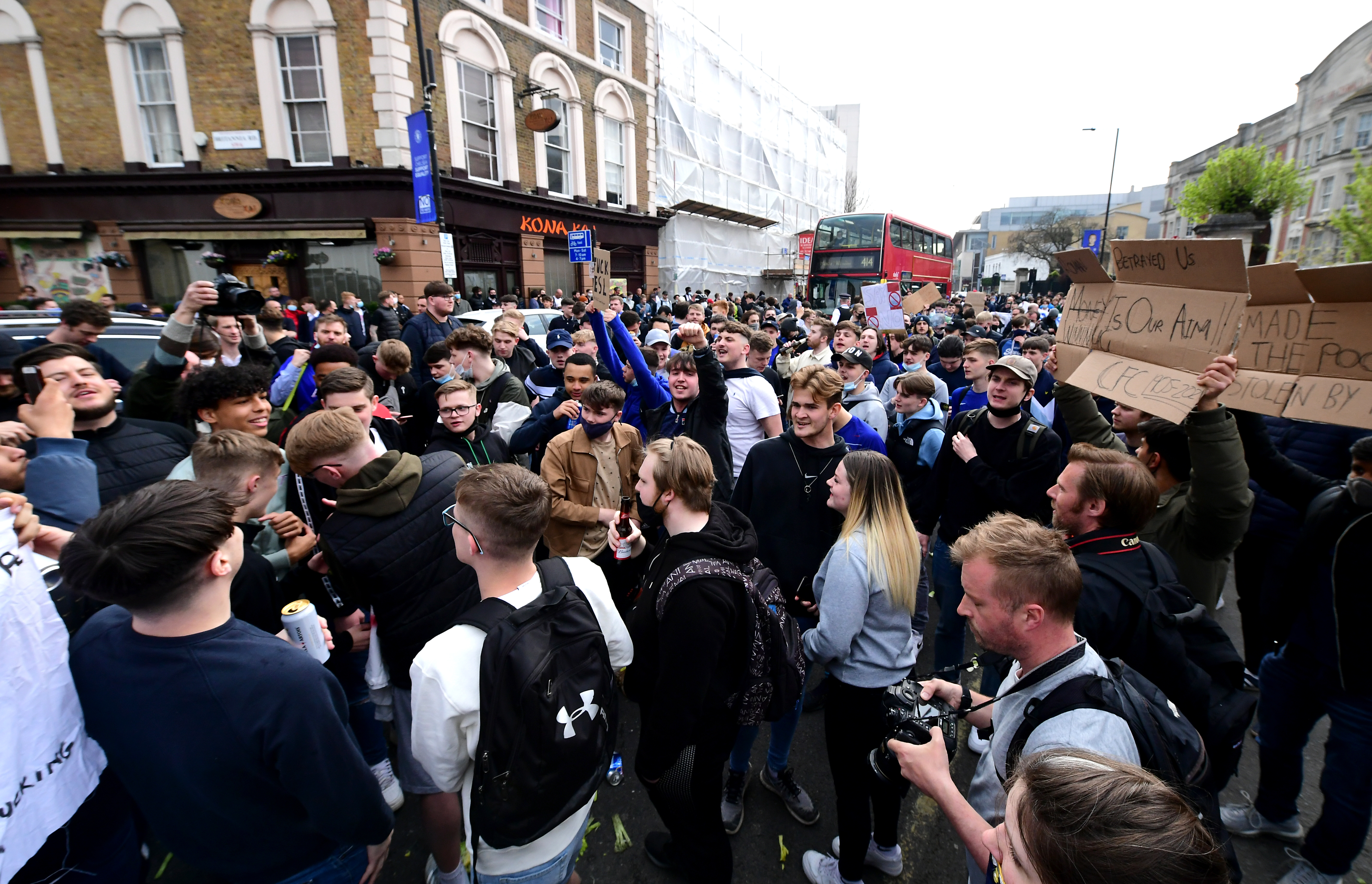 Chelsea fans protesting against the original Super League in 2021 outside Stamford Bridge