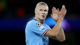 Erling Haaland applauds Manchester City's supporters after the win over Borussia Dortmund