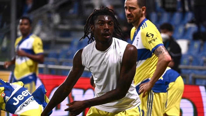 Moise Kean celebrates scoring a late winner at Sassuolo