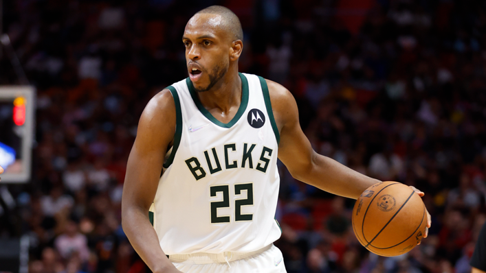 Khris Middleton of the Milwaukee Bucks dribbles