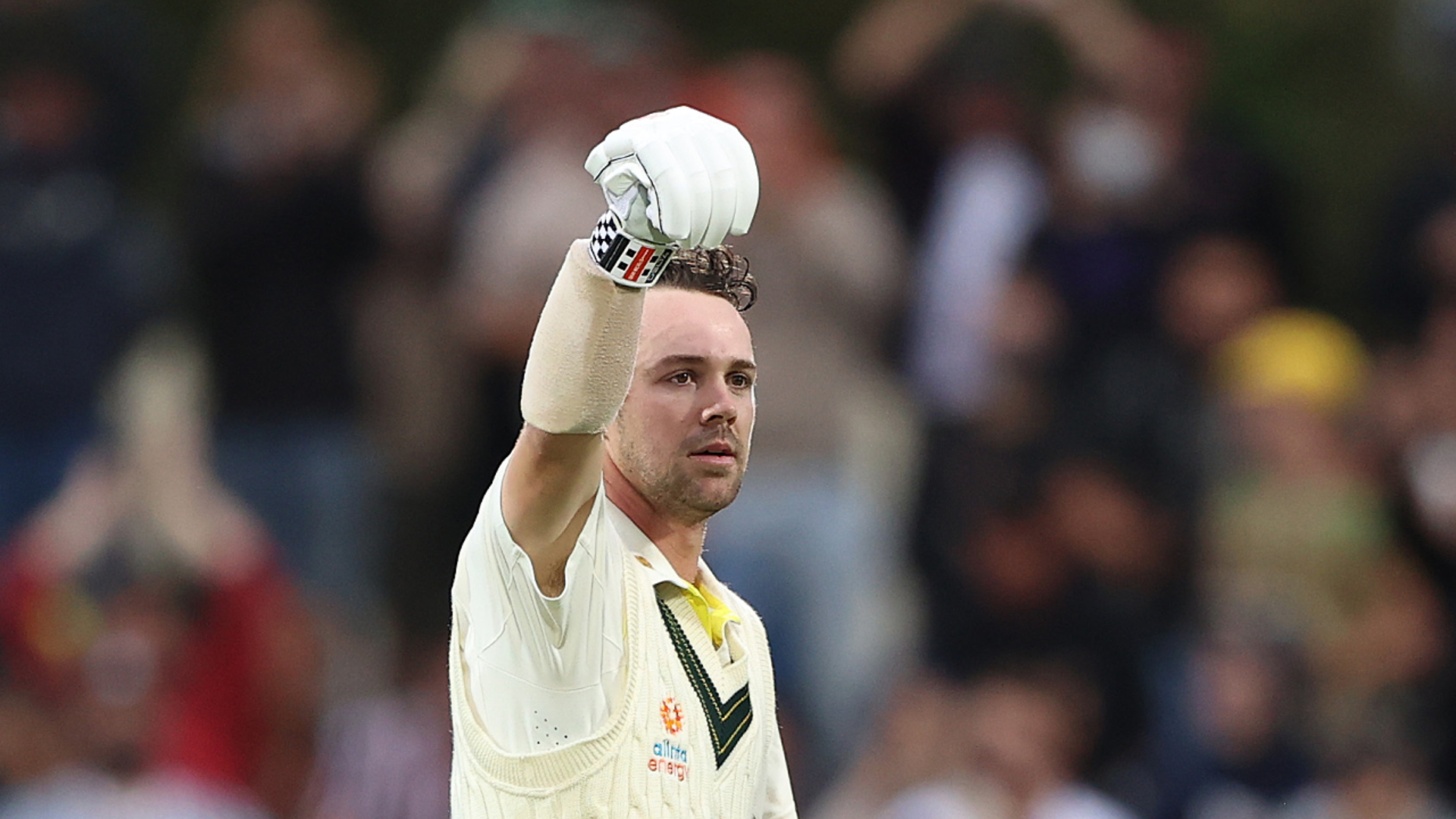 Travis Head celebrates his century against England