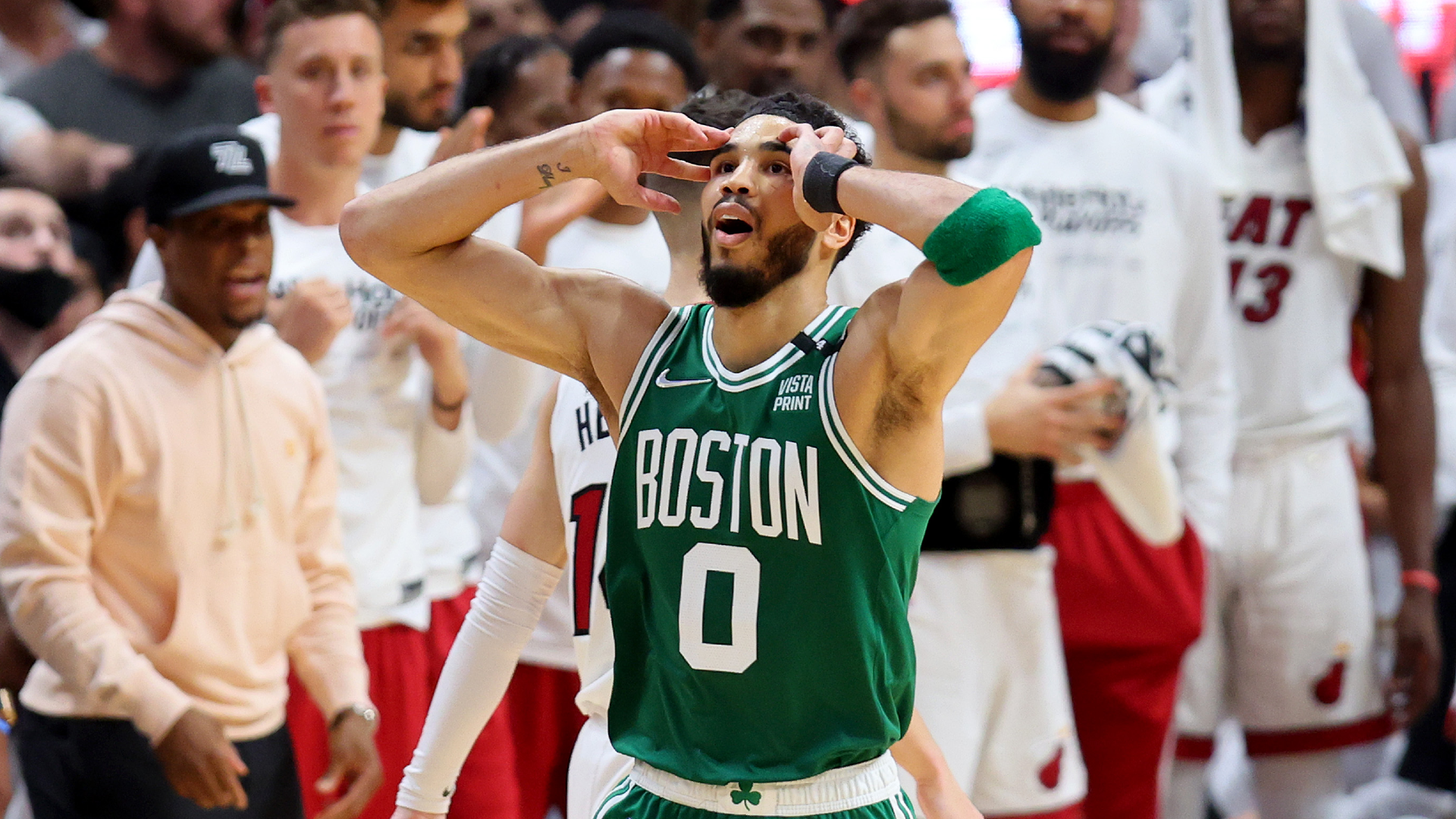 Jayson Tatum of the Boston Celtics reacts to a play against the Miami Heat during the third quarter in Game 1