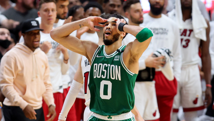 Jayson Tatum of the Boston Celtics reacts to a play against the Miami Heat during the third quarter in Game 1