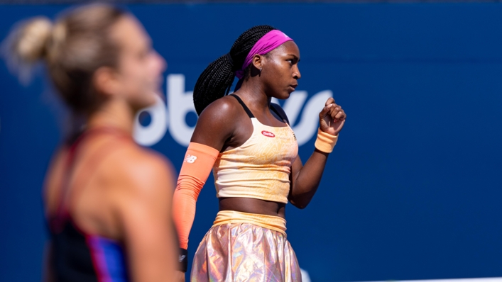 Coco Gauff gives a fist-pump during her hard-fought win against Aryna Sabalenka