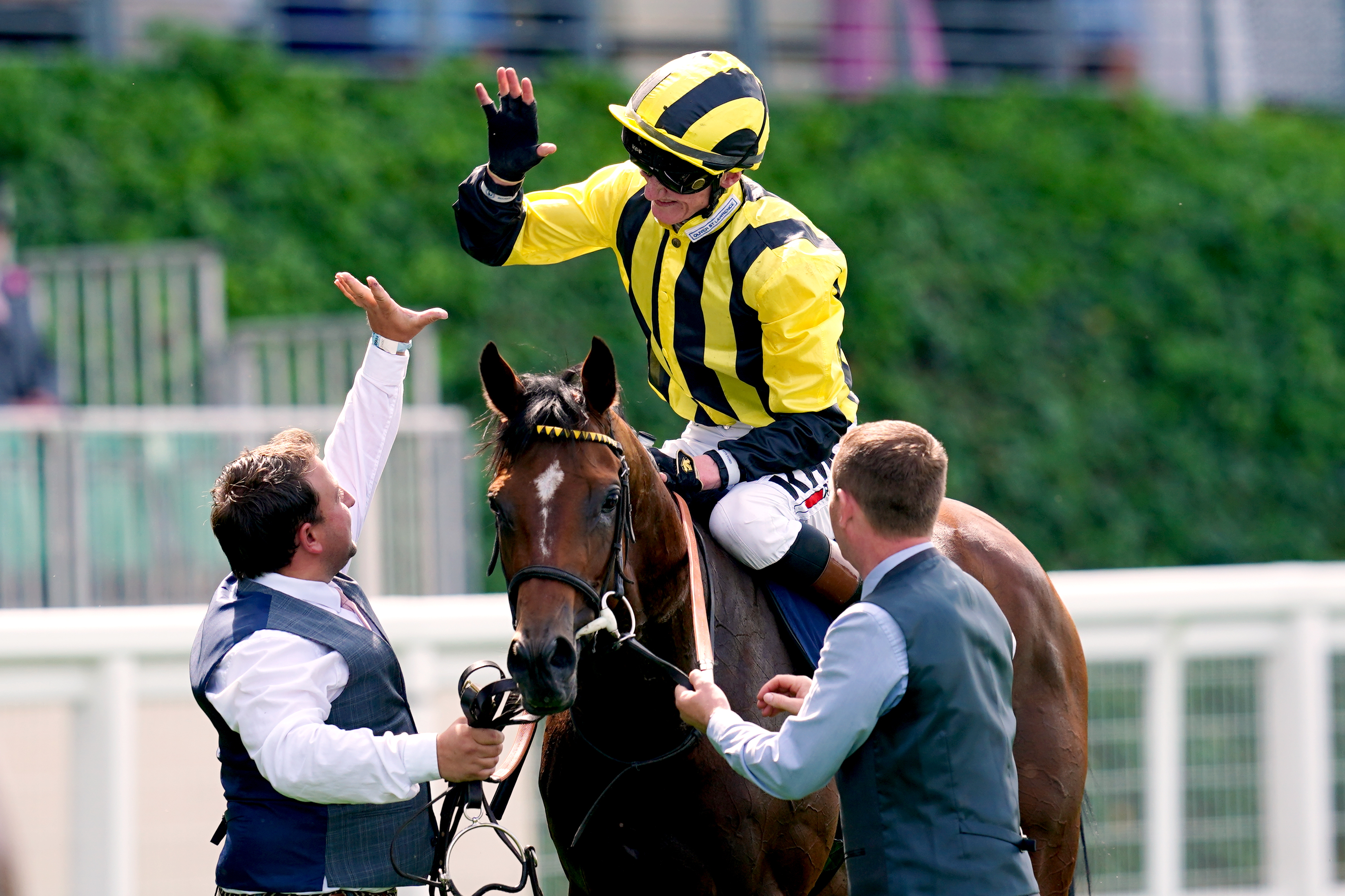 David Egan celebrates on board Eldar Eldarov after winning the Queen’s Vase at Royal Ascot in 2022