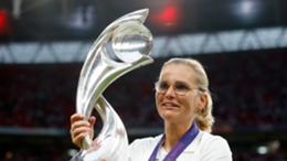 Sarina Wiegman lifts the Women's European Championship trophy