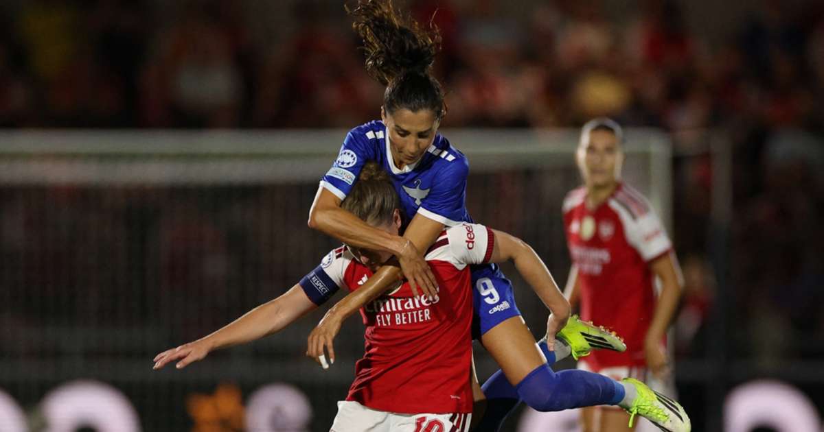 Arsenal players celebrate during their Women's Champions League clash against Koge