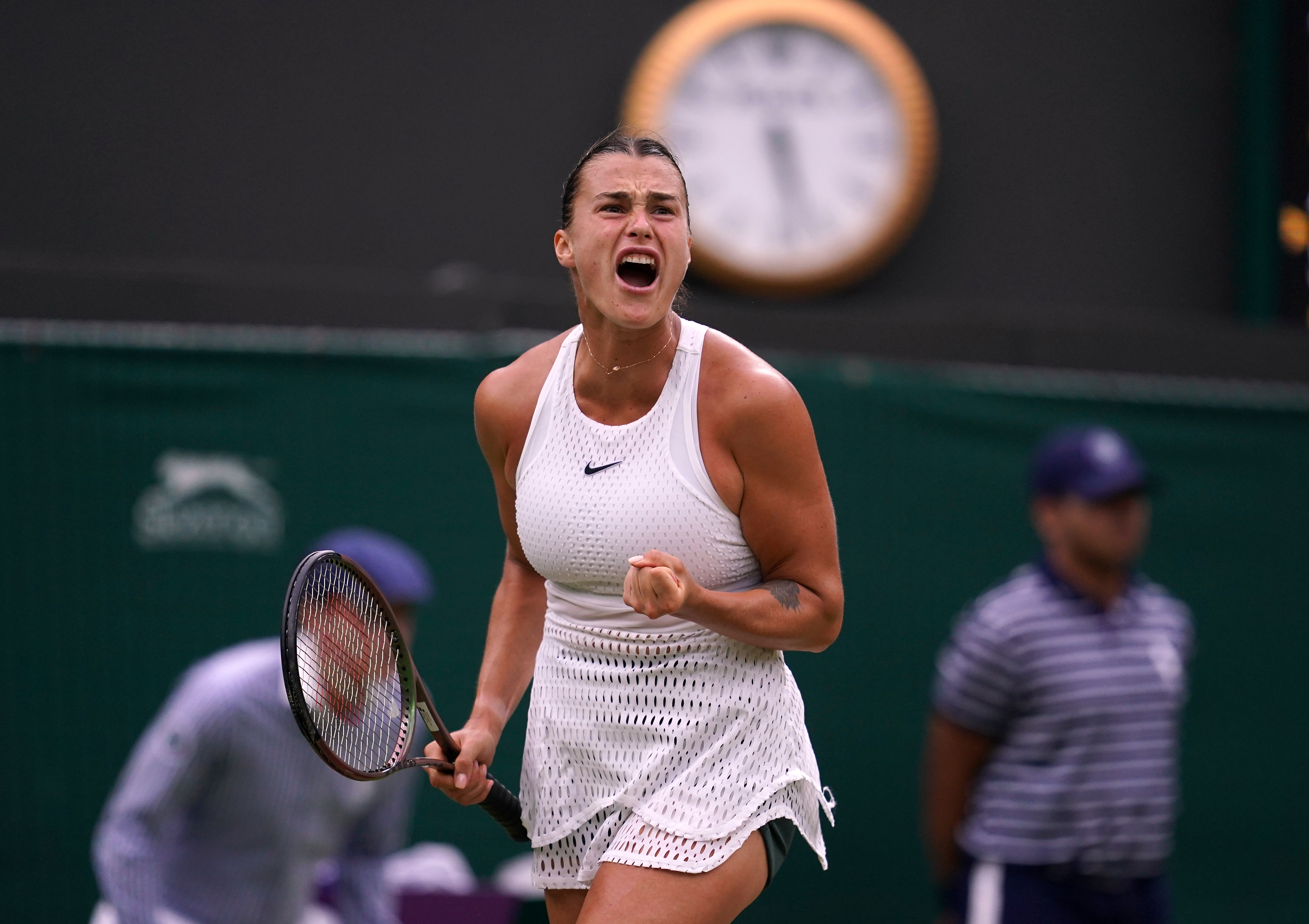 Aryna Sabalenka celebrates during her third-round victory