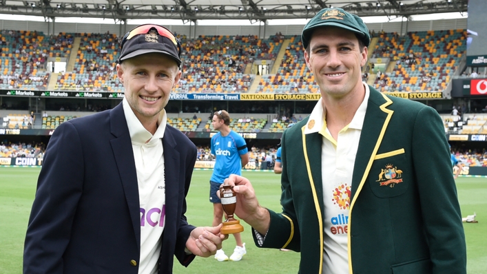 Captains Joe Root and Pat Cummins pose before the first match in the Ashes series