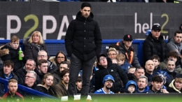 Arsenal boss Mikel Arteta watches on as his side lose to Everton