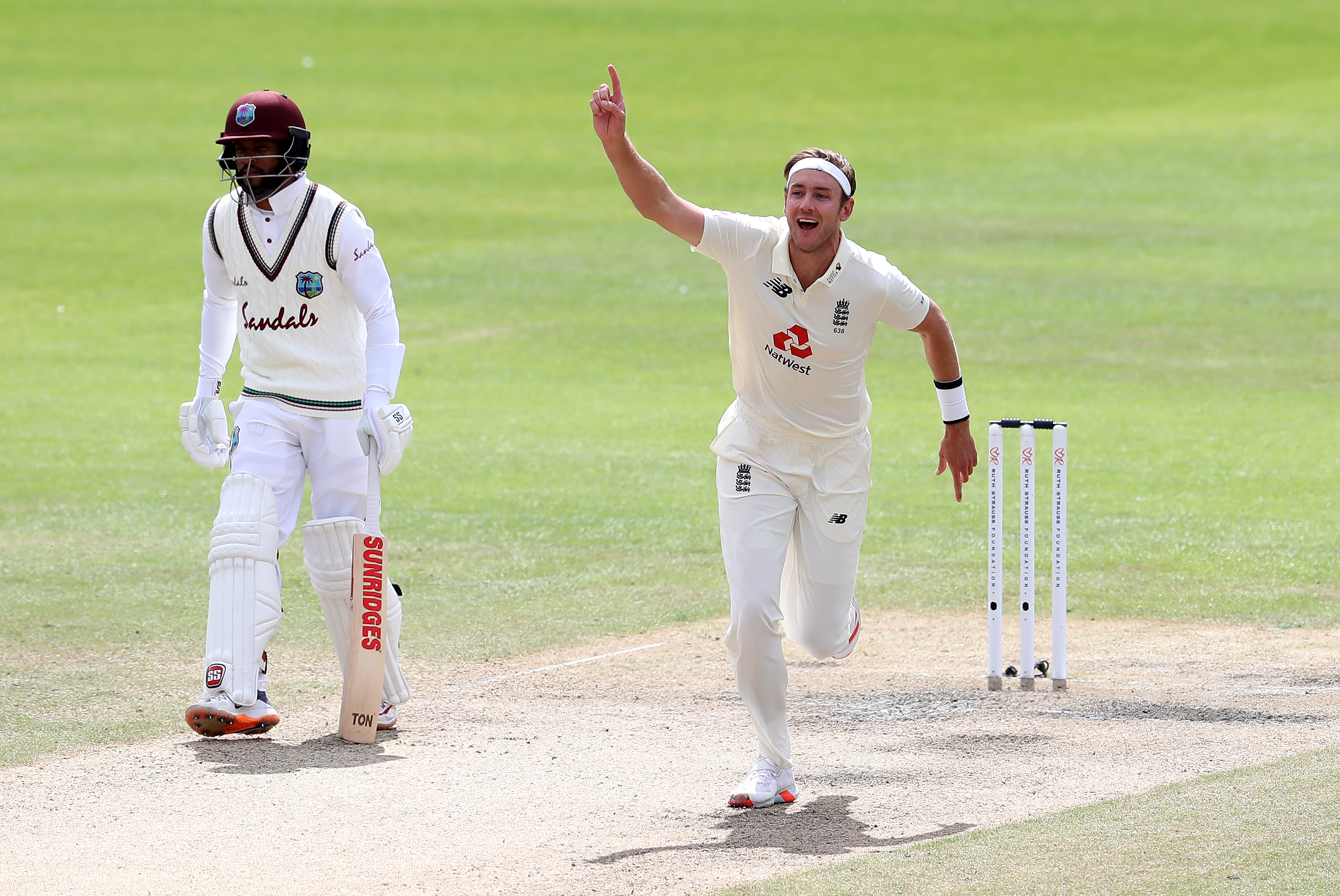 Broad celebrates taking the wicket of West Indies batter Kraigg Brathwaitein at Old Trafford in 2020 to become only the seventh bowler to reach 500 career Test wickets
