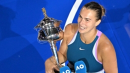 Aryna Sabalenka celebrates with the Australian Open title