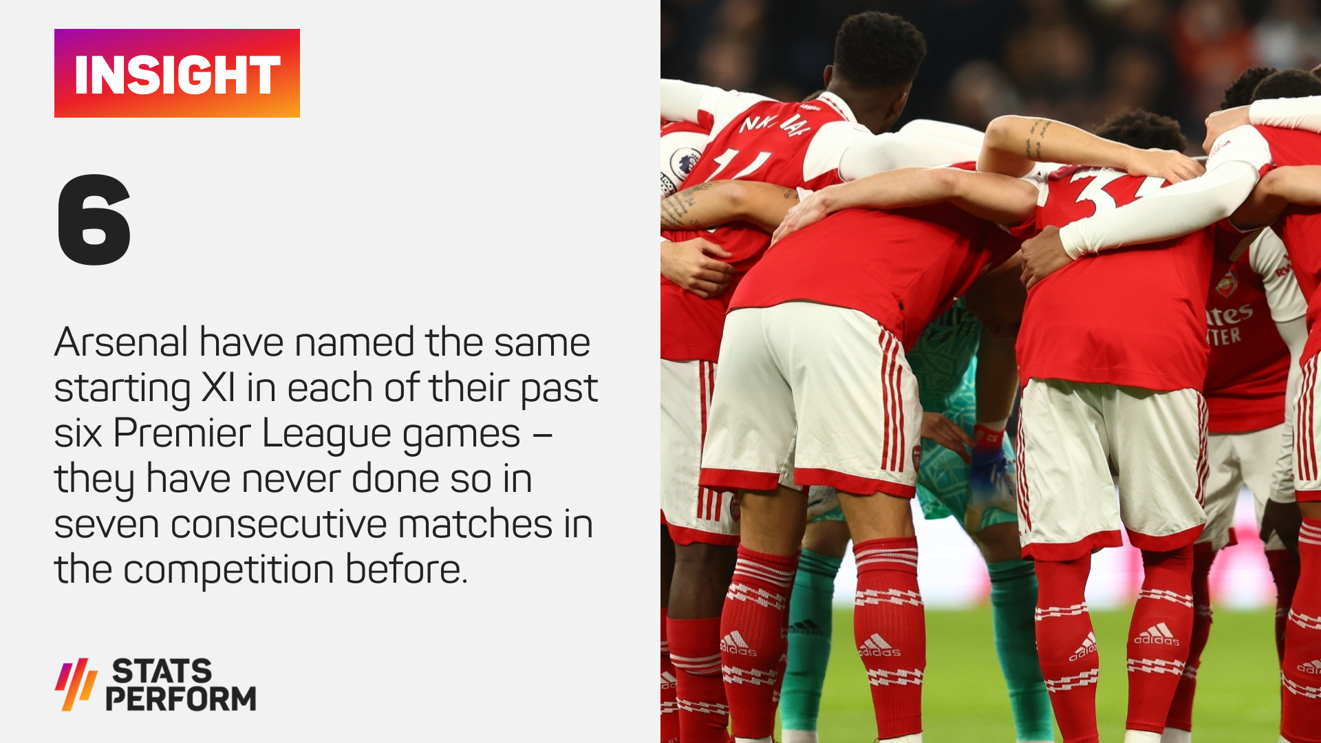 Arsenal have named the same starting XI in each of their past six Premier League games