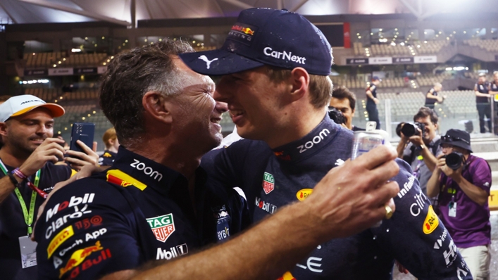 Christian Horner celebrates with Max Verstappen after Red Bull's success in 2022