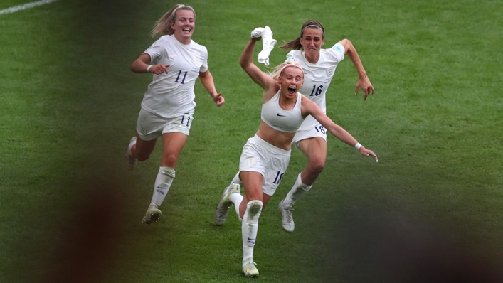 Chloe Kelly runs away from England team-mates as she celebrates her Euro 2022 final winning goal