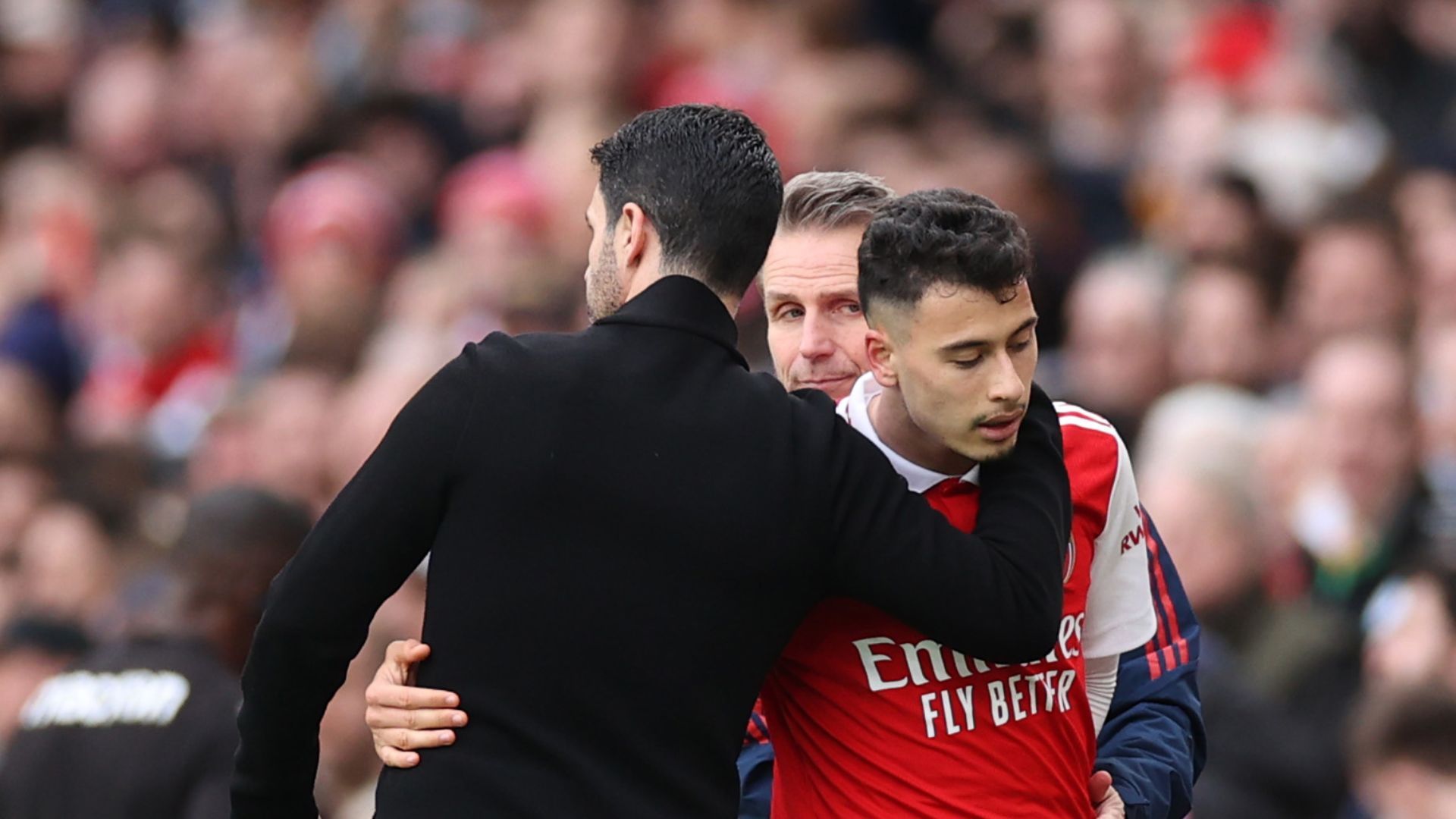 Mikel Arteta (l) was pleased with Gabriel Martinelli's display
