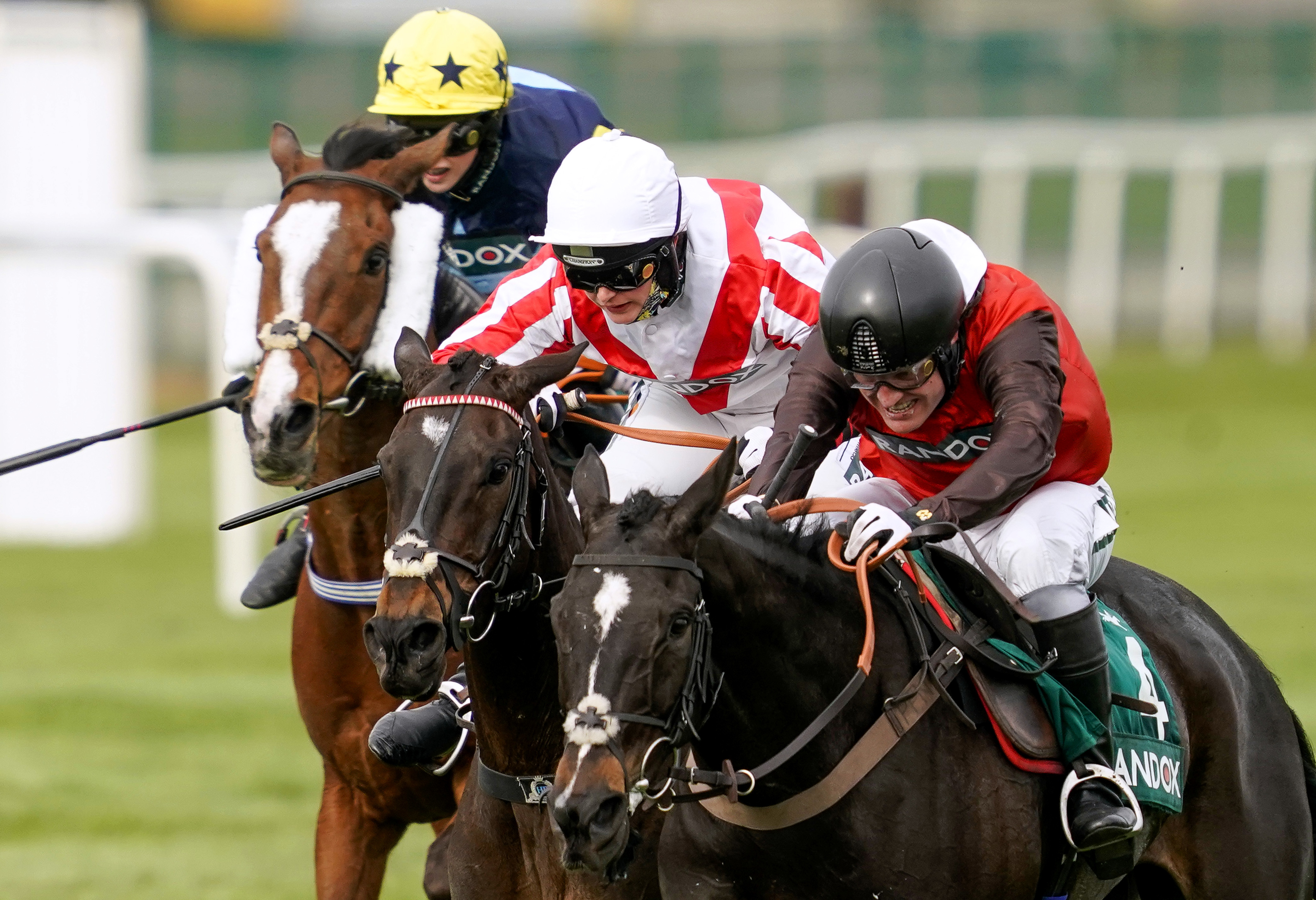 Cat Tiger and David Maxwell (right) about to be claimed by Latenightpass on the long run in