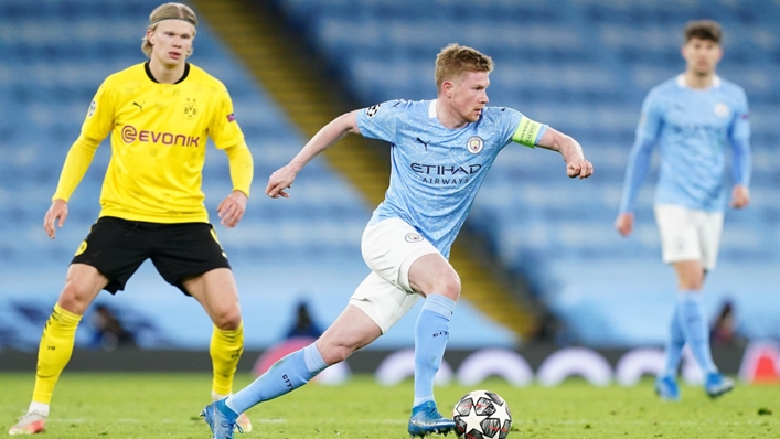 Erling Haaland (L) and Kevin De Bruyne (R) will line up alongside one another for Manchester City next season
