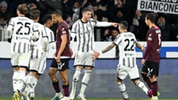 Dusan Vlahovic celebrates his first-half penalty with Juventus team-mates on Tuesday