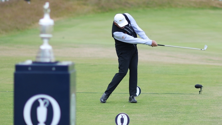 Paul Lawrie hits the first tee shot at the 150th Open