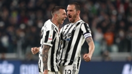 Juventus' Federico Bernardeschi (left) celebrates his goal with Leonardo Bonucci