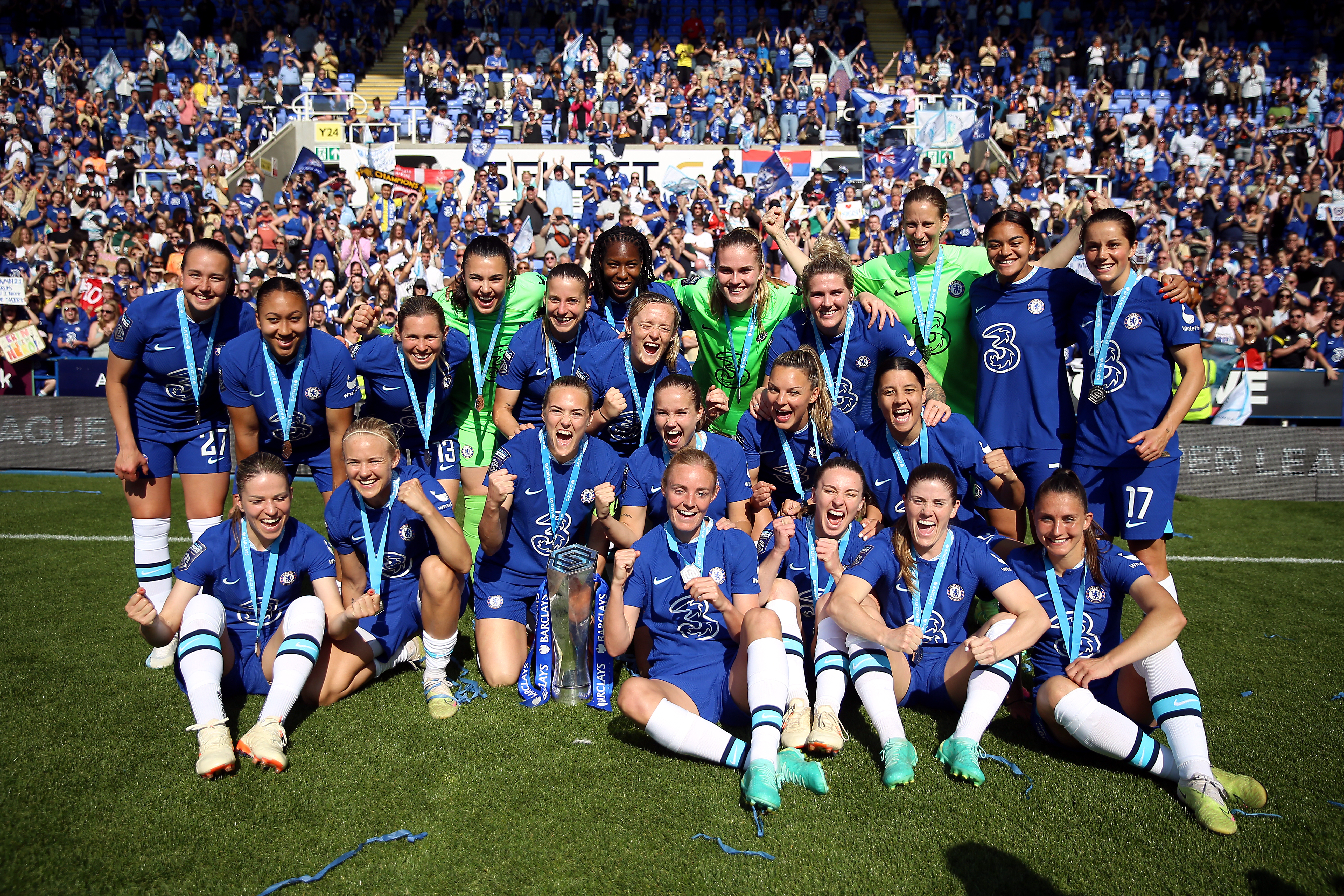 Chelsea players celebrate with the WSL trophy (Nigel French/PA)