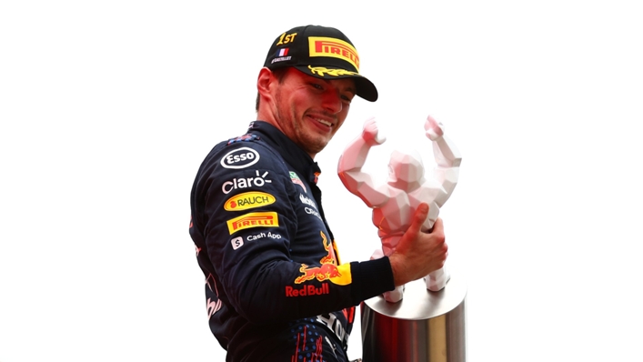 Max Verstappen celebrates on the podium in France