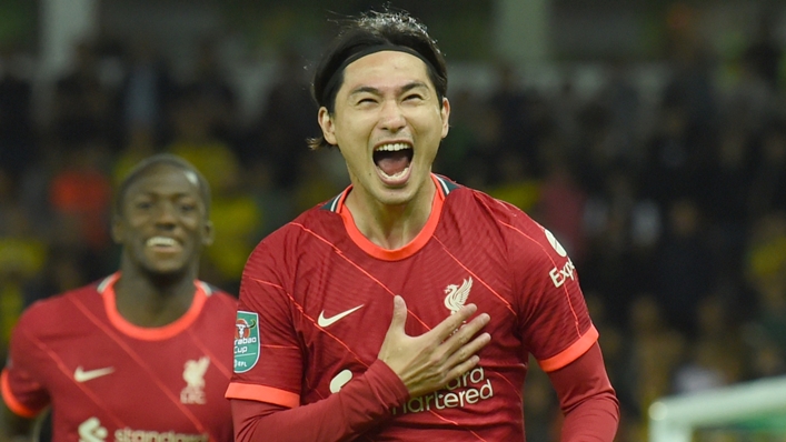 Takumino Minamino celebrates as Liverpool beat Norwich