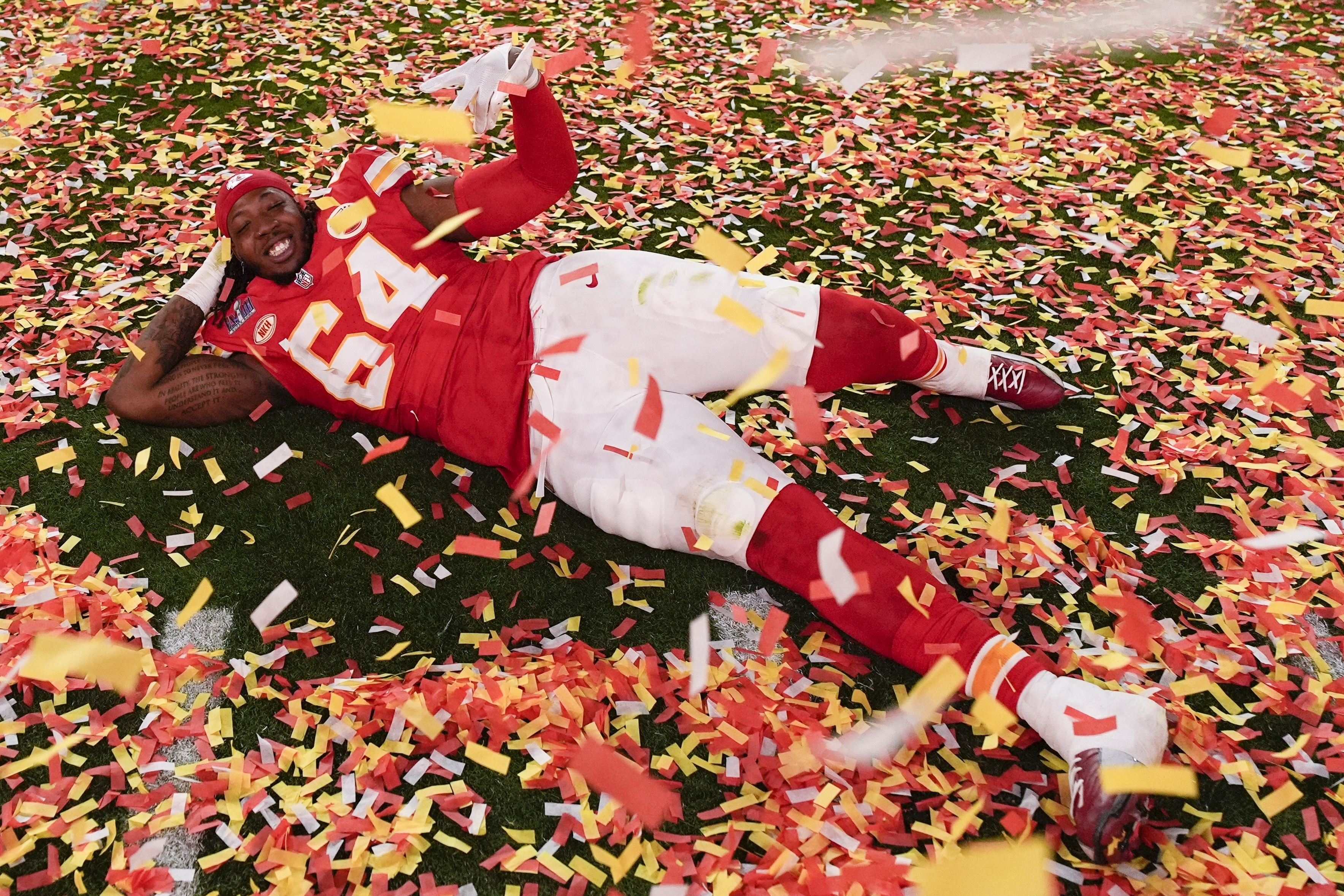 Kansas City Chiefs offensive tackle Wanya Morris celebrates