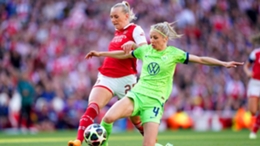 Arsenal’s Stina Blackstenius (left) and Wolfsburg’s Kathrin Hendrich in action in the Women’s Champions League (Adam Davy/PA).