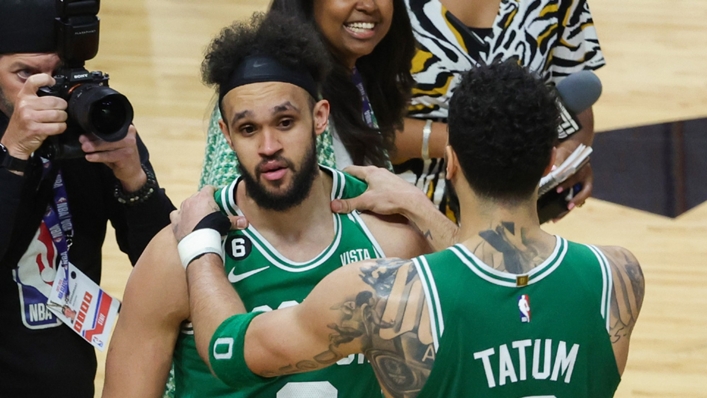 Derrick White (L) and Jayson Tatum after the Celtics' win