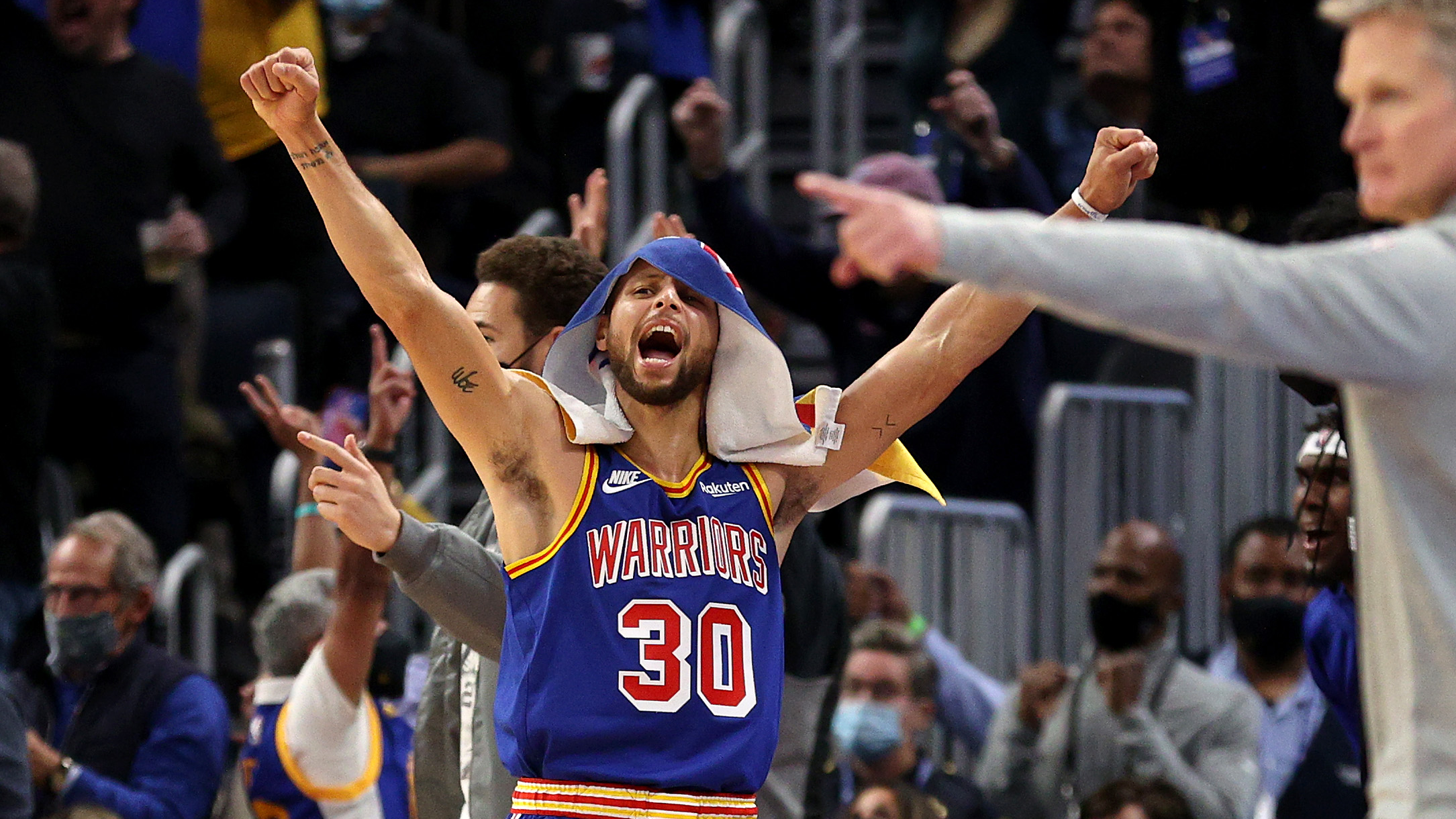 Stephen Curry of the Golden State Warriors reacts after a basket