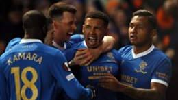 James Tavernier celebrates giving Rangers the lead against Red Star Belgrade in the Europa League round of 16 first leg